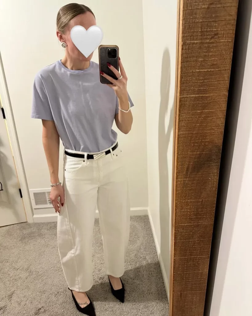 Lavender Tee with White Barrel Jeans and Black Flats Outfit