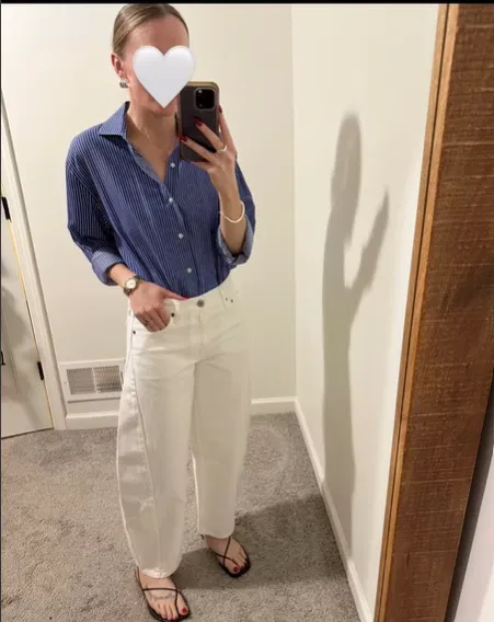 Blue Striped Shirt with White Barrel Jeans Outfit