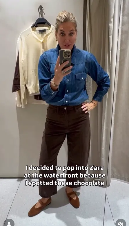 Denim Shirt with Brown Barrel Jeans Outfit