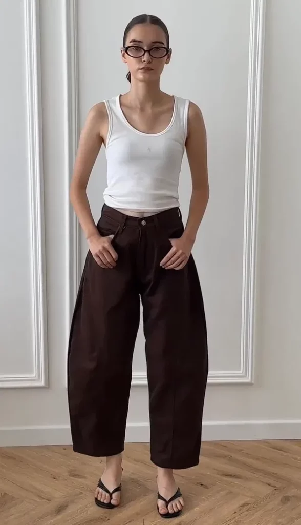 White Tank Top with Brown Barrel Jeans Outfit