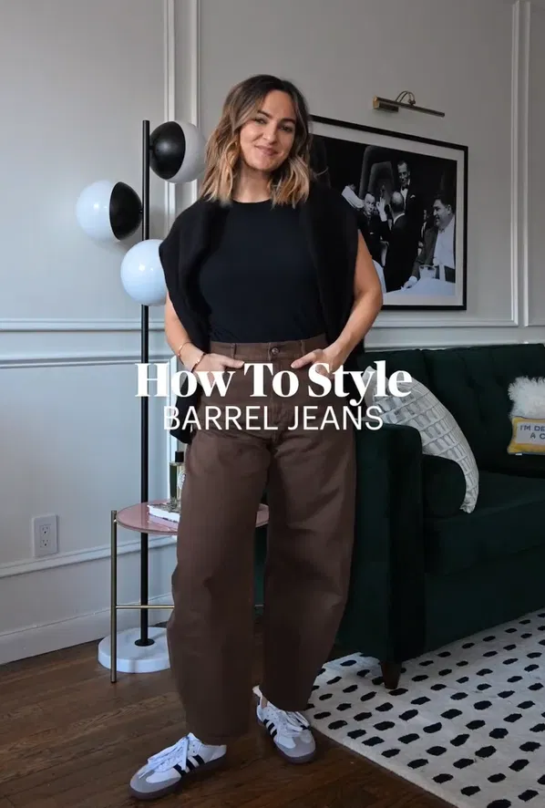 Black Tee with Brown Barrel Jeans Outfit