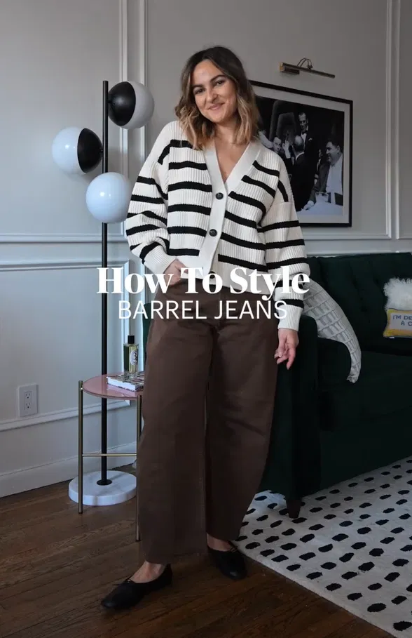 Striped Cardigan with Brown Barrel Jeans Outfit