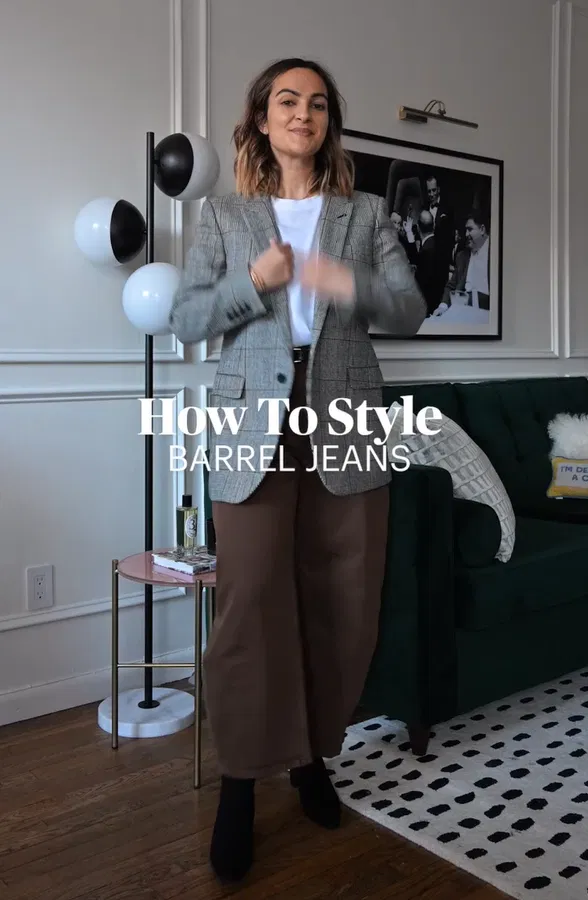 Plaid Blazer with Brown Barrel Jeans Outfit