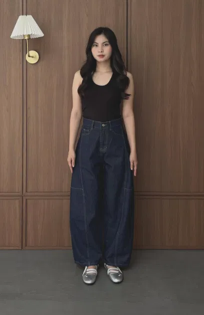 Black Tank Top with Dark Indigo Barrel Jeans Minimal Outfit