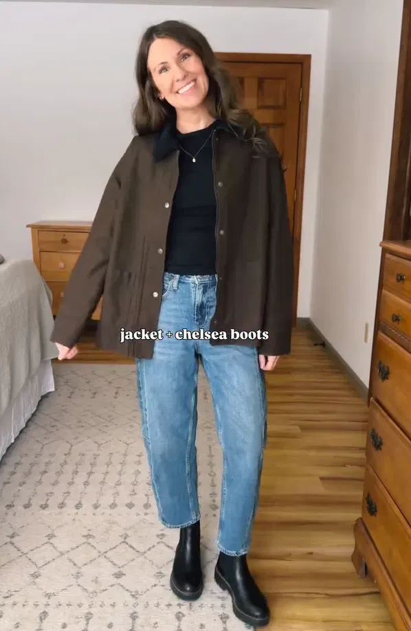 Olive Utility Jacket over Black Top with Blue Barrel Jeans Fall Outfit