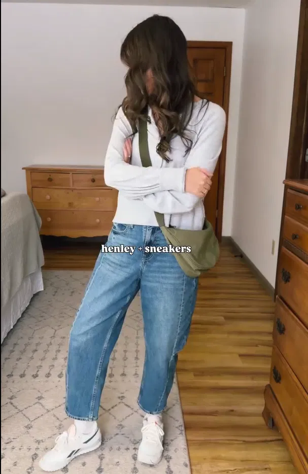 White Henley and Sneakers with Blue Barrel Jeans Everyday Outfit