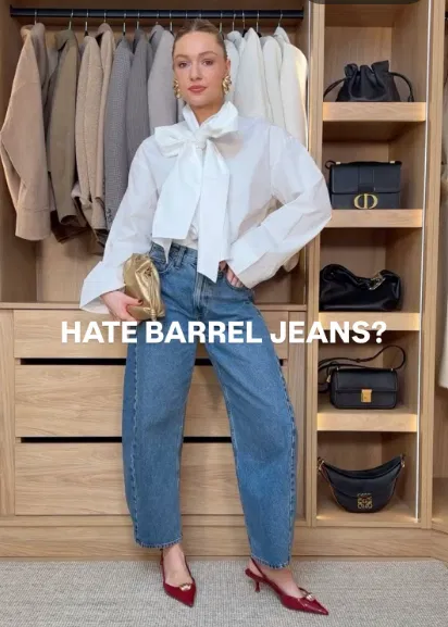 White Bow Blouse with Blue Barrel Jeans Dressed-Up Outfit