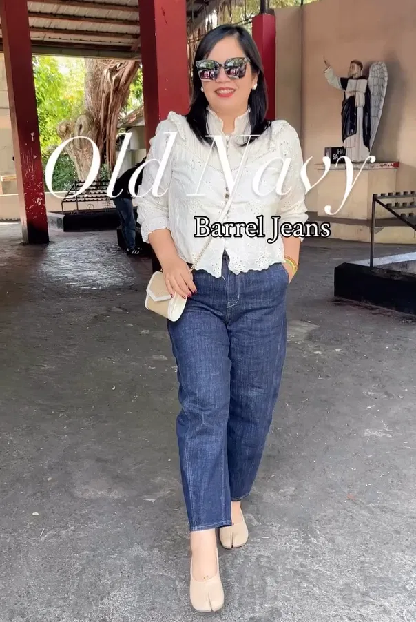 White Eyelet Blouse with Navy Barrel Jeans Outfit