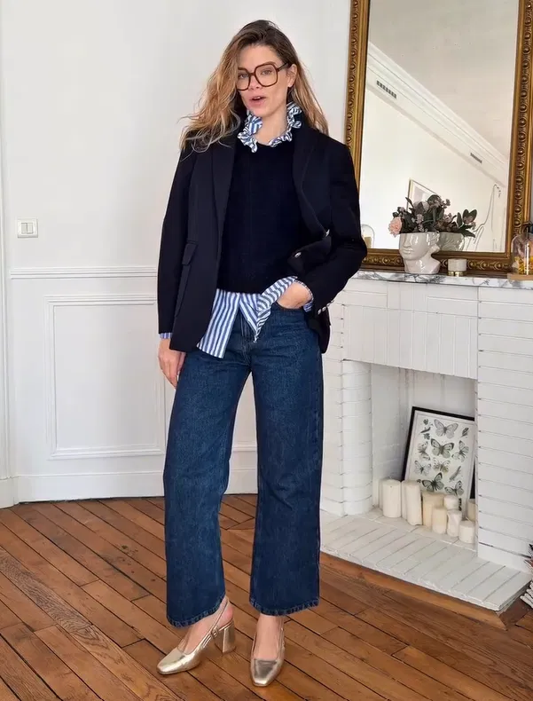 Black Blazer Layered with Striped Shirt and Navy Barrel Jeans Outfit