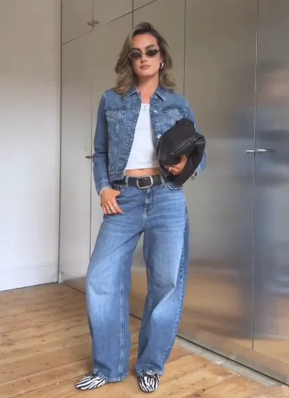 Cropped Denim Jacket with Light Wash Barrel Jeans Outfit