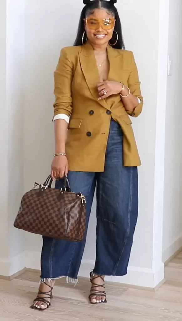 Mustard Double-Breasted Blazer with Navy Barrel Jeans Outfit