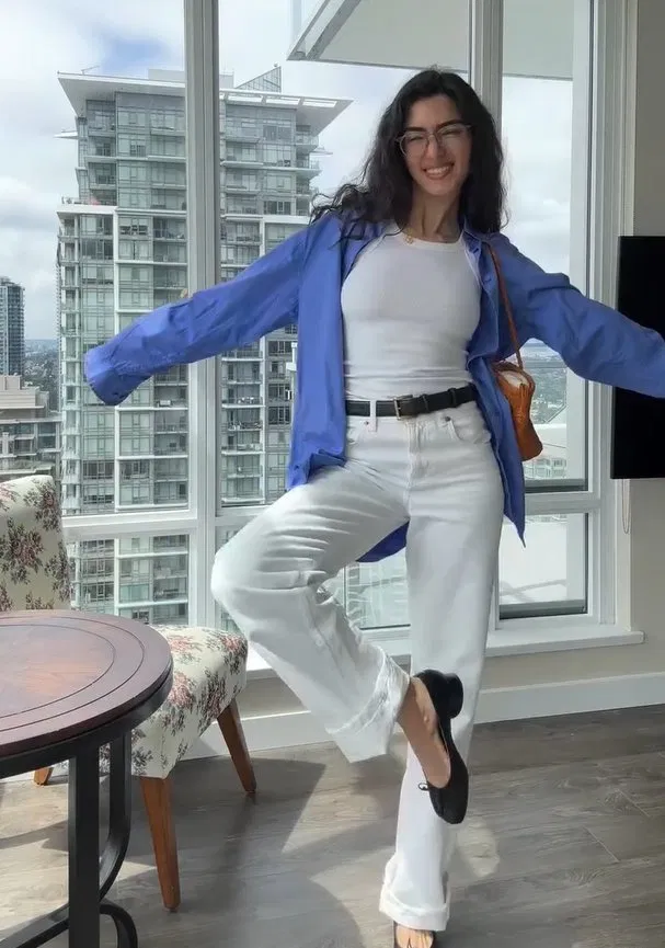 Blue Shirt Layered Over White Tank and Jeans