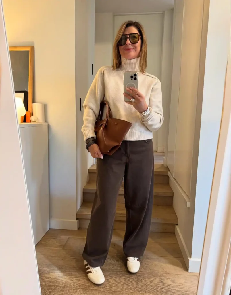 Cream Turtleneck with Brown Barrel Jeans Outfit