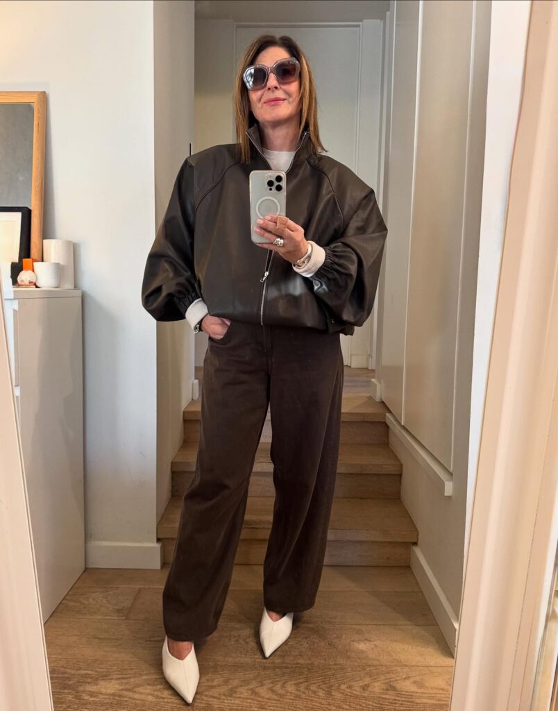 Brown Leather Bomber with Brown Barrel Jeans Outfit