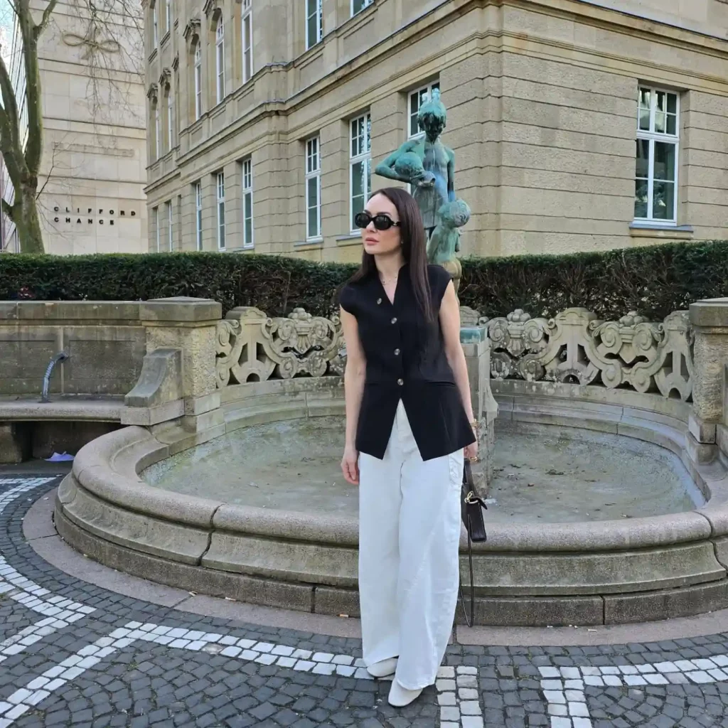 Tailored Black Waistcoat with White Barrel Jeans Outfit