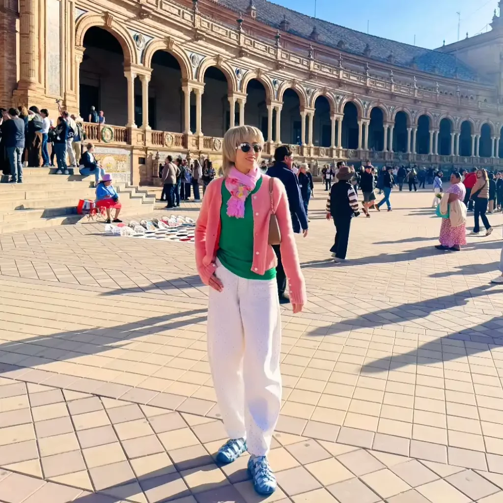 Pink Cardigan with Green Top and White Barrel Jeans Outfit