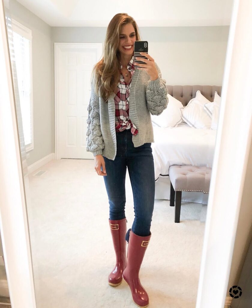 Gray Bobble-Sleeve Cardigan with Plaid Shirt Fall Outfit