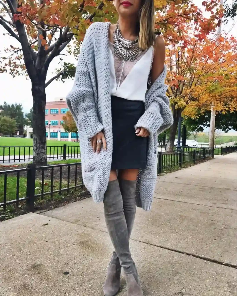 Oversized Gray Knit Cardigan with Black Mini Skirt Fall Outfit