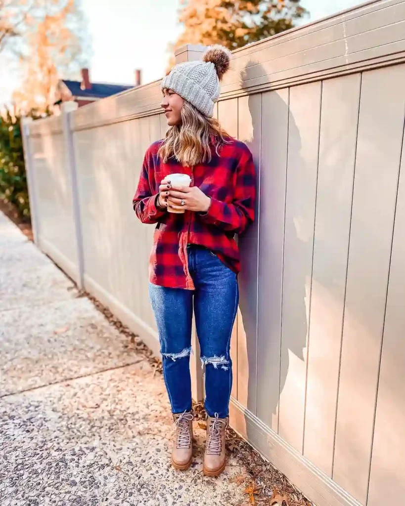 Red and Navy Buffalo Check Flannel with Skinny Jeans Fall Outfit