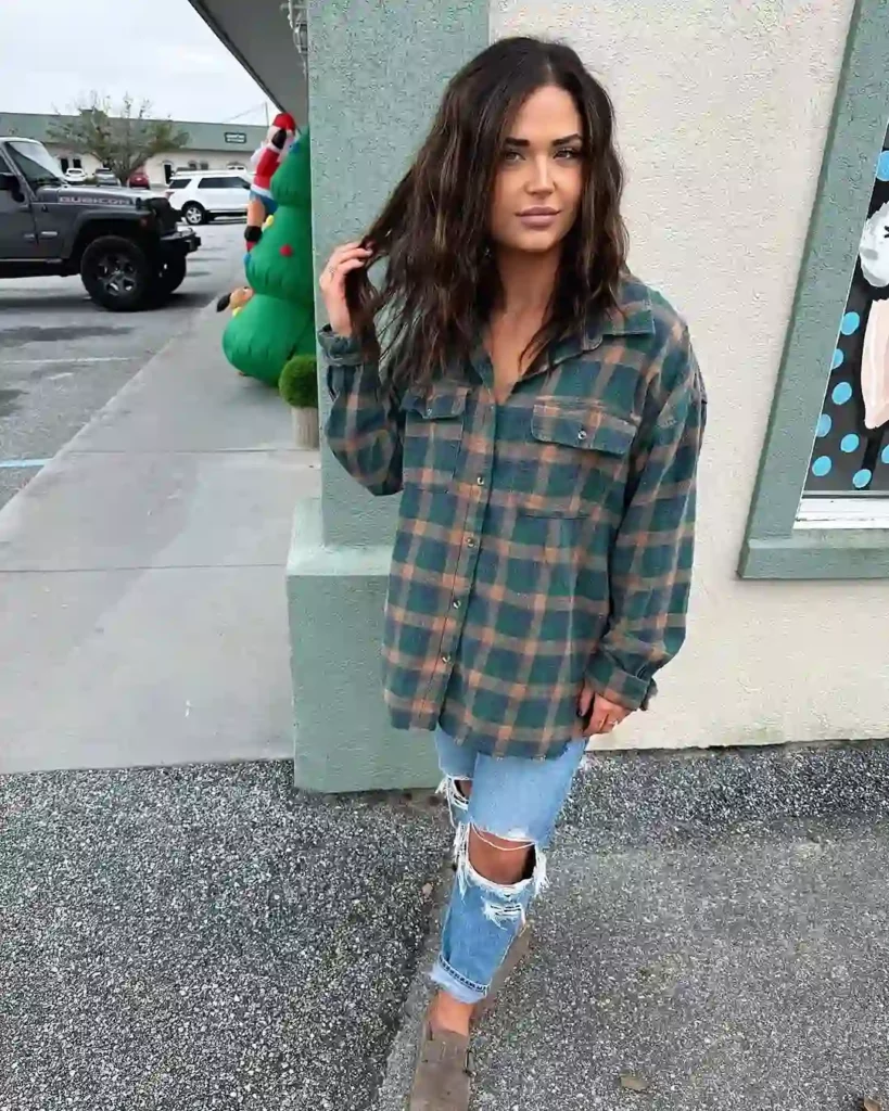 Green and Rust Flannel with Ripped Jeans Fall Outfit