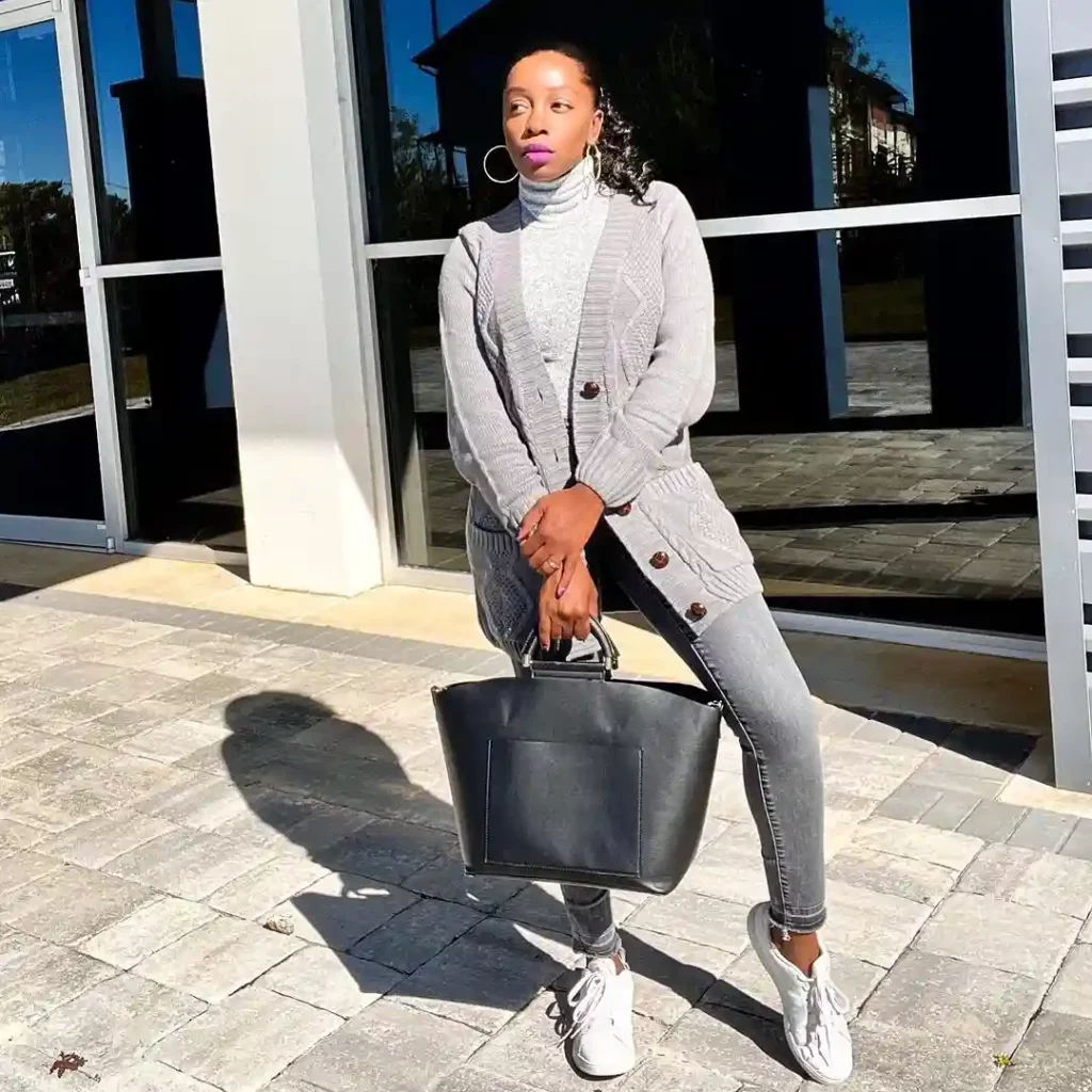 Gray Cable-Knit Cardigan with Turtleneck and Gray Jeans Fall Outfit