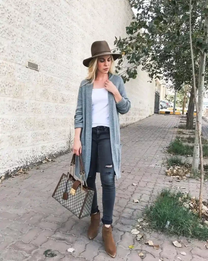 Open Gray Cardigan with Distressed Skinny Jeans Fall Outfit