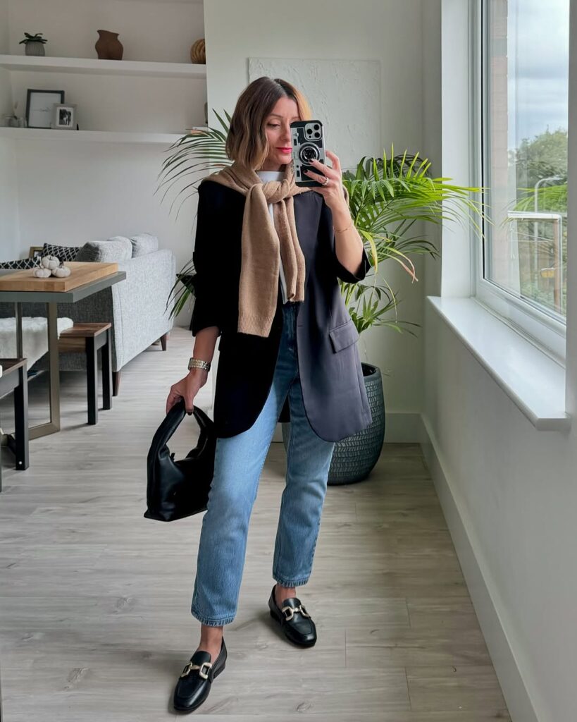 Dark Gray Blazer with Light Wash Jeans Fall Outfit