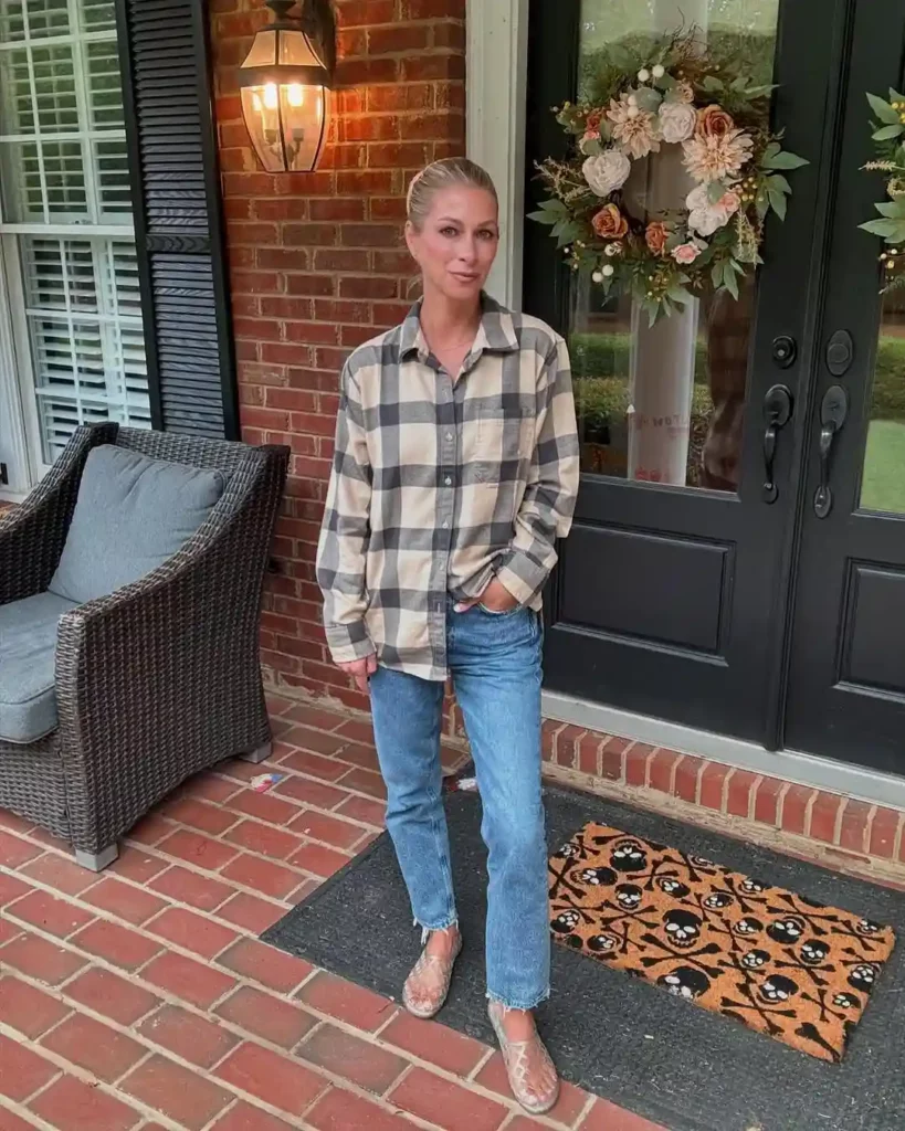 Beige Buffalo Check Flannel with Straight-Leg Jeans Fall Outfit