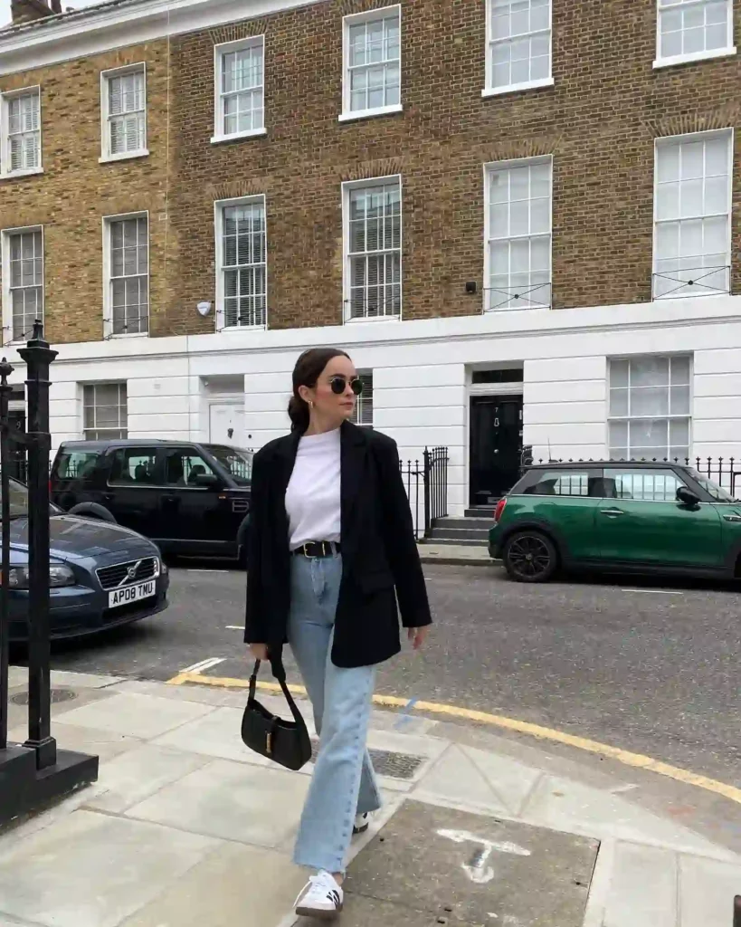 Black Blazer with Light Blue Jeans and Adidas Samba Outfit
