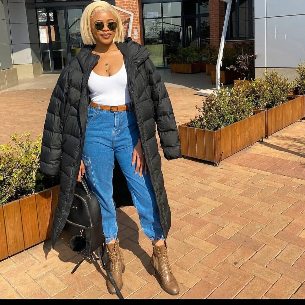 Long Black Puffer Coat with Mom Jeans and Boots Fall Outfit