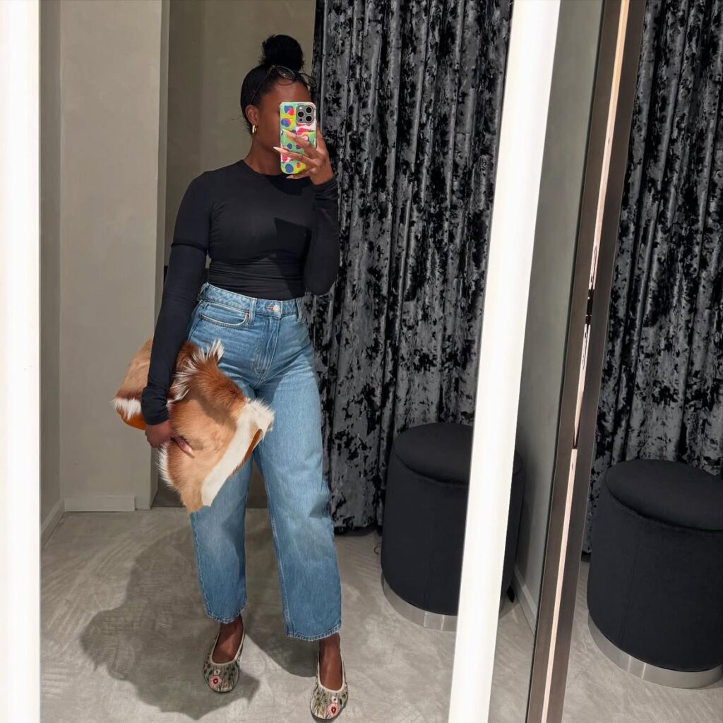 Black Long-Sleeve Top with Relaxed Jeans Fall Outfit