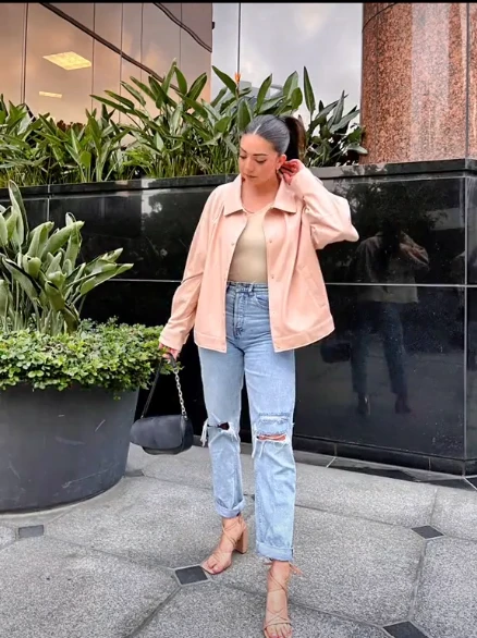 Pink Jacket with Boyfriend Jeans Fall Outfit