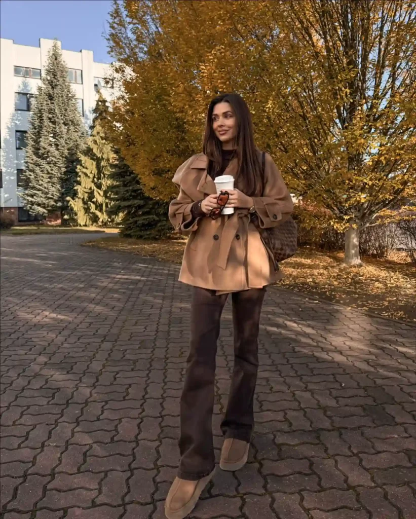 Camel Belted Jacket with Dark Brown Flared Jeans Fall Outfit