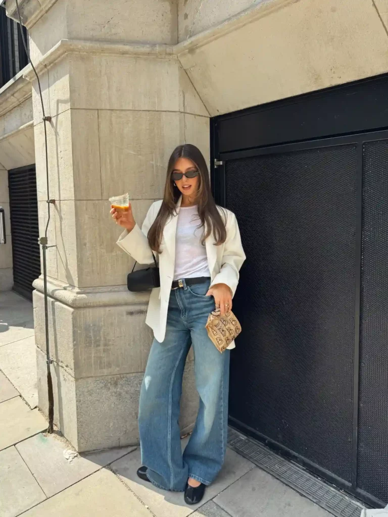 White Blazer with Wide-Leg Jeans Going Out Fall Outfit