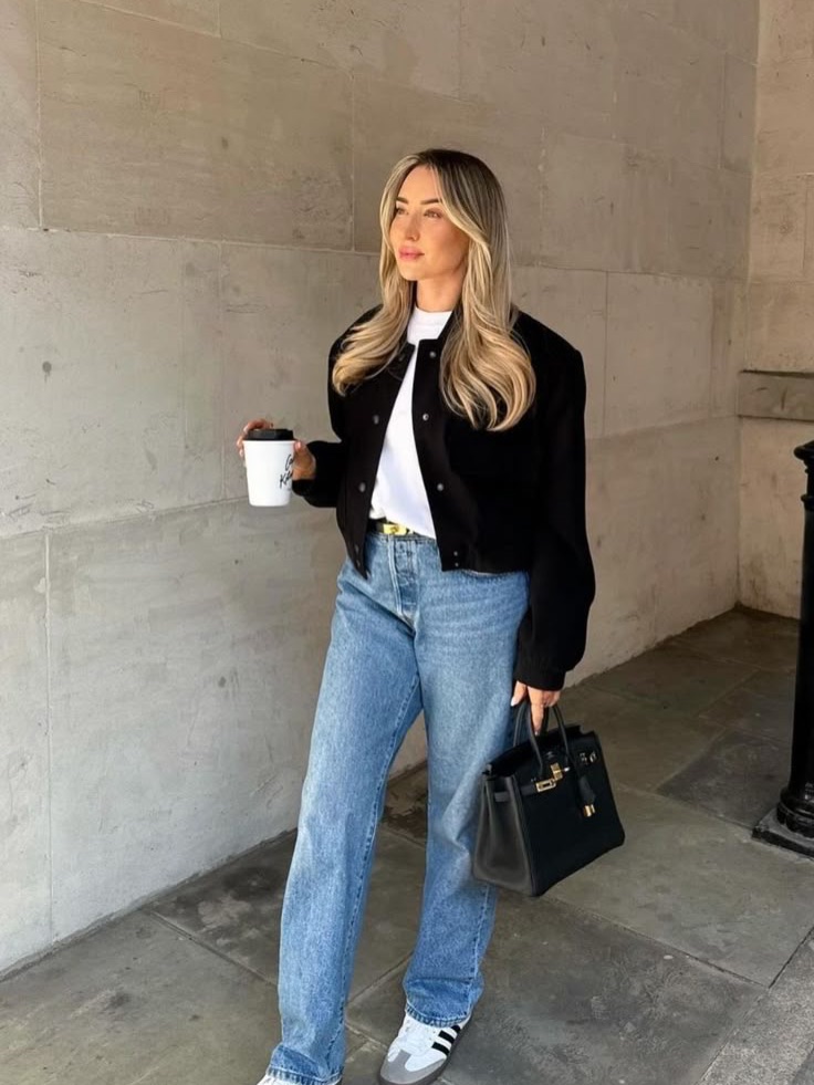 Black Jacket with Light Blue Jeans and Adidas Samba Outfit