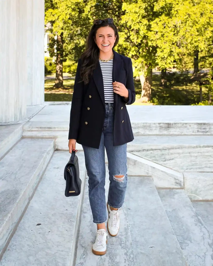 Navy Double-Breasted Blazer with Distressed Jeans Fall Outfit