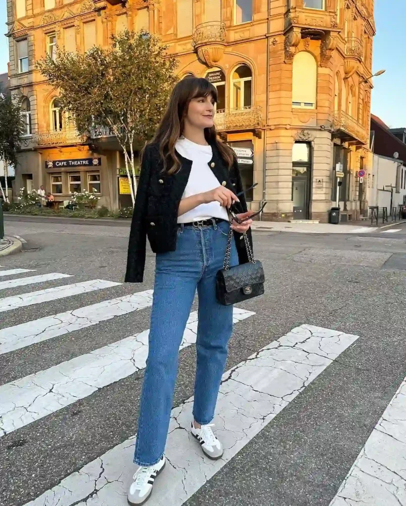 Black Tweed Jacket with Blue Jeans and Adidas Samba Work Outfit