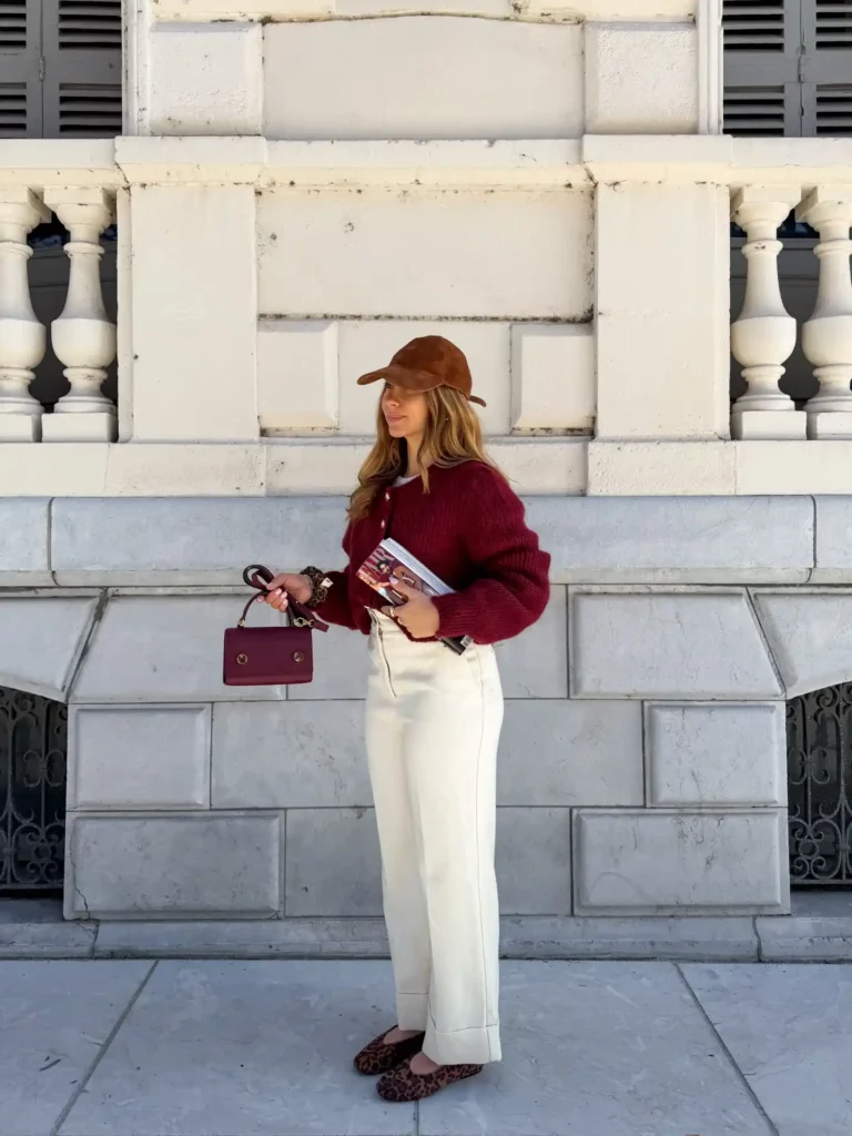 Burgundy Cardigan with Cream Wide-Leg Trousers Fall Outfit