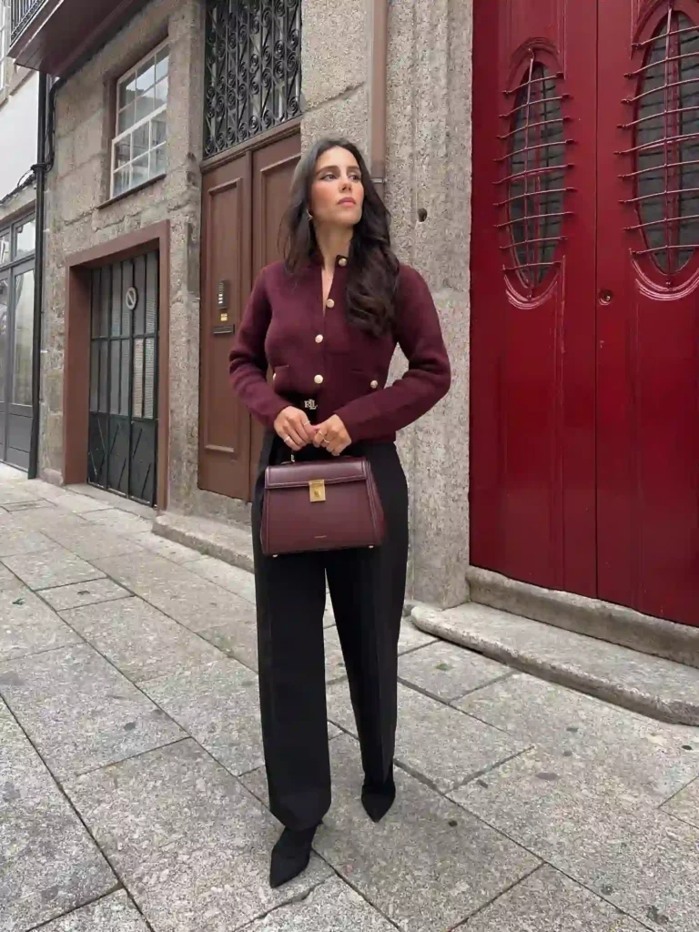 Burgundy Cardigan with Black Wide-Leg Trousers Fall Outfit