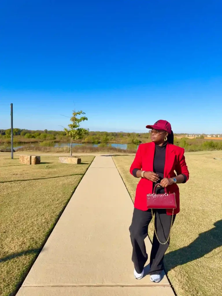 Red Blazer with Black Top and Dark Flare Jeans Fall Outfit