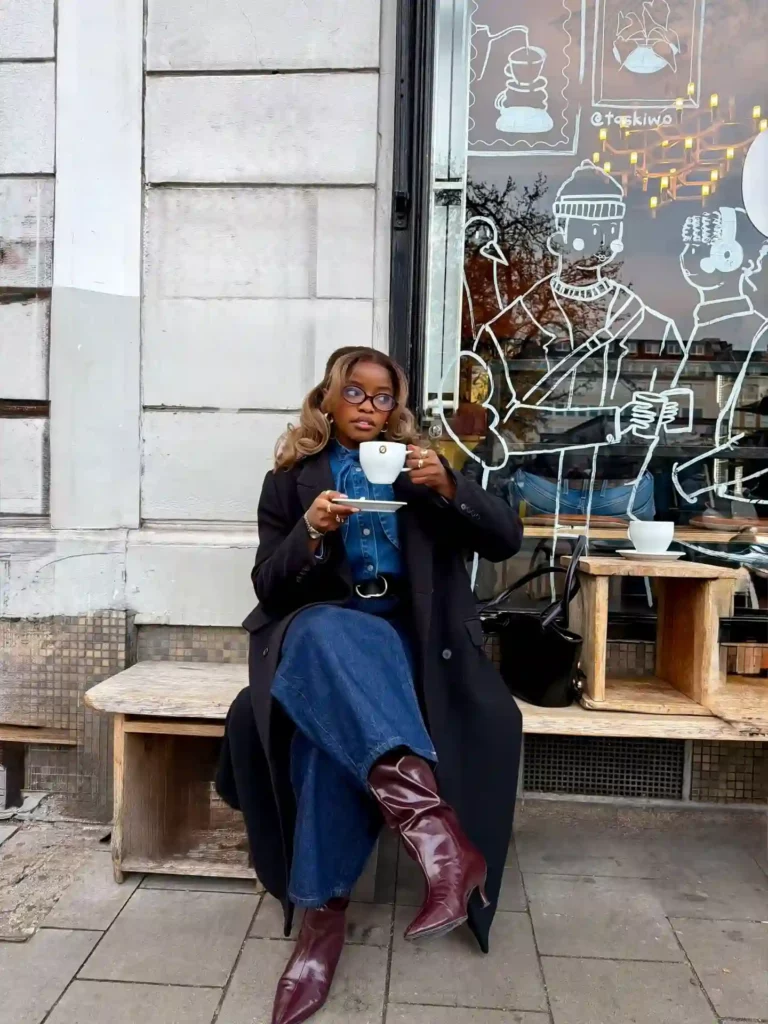 Black Wool Coat with Full Denim and Burgundy Boots Fall Outfit