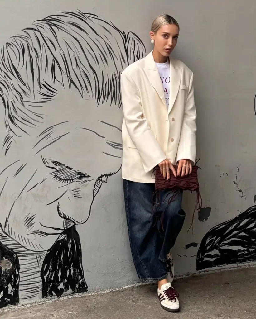 Cream Blazer with Baggy Jeans and Adidas Samba Work Outfit