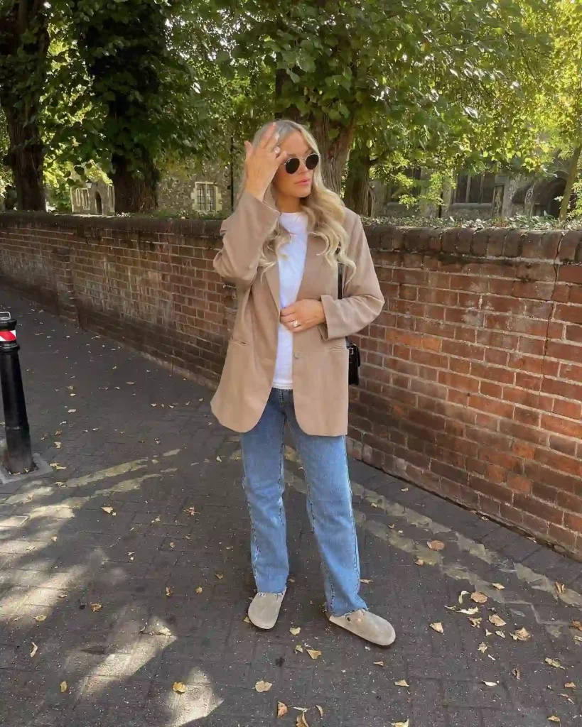 Sand Oversized Blazer with Light Wash Jeans Fall Outfit