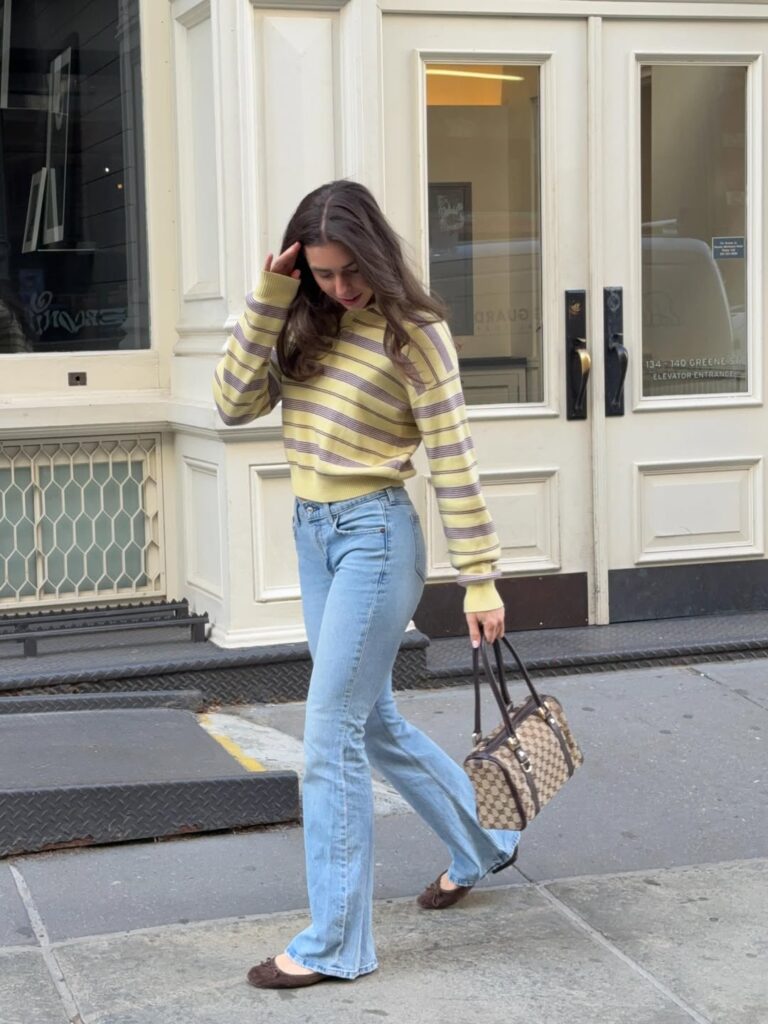 Striped Sweater with Light Wash Bootcut Jeans Fall Outfit