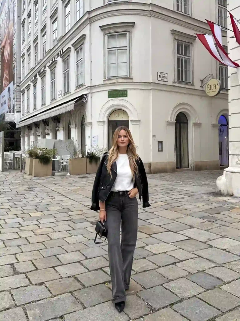 Black Moto Jacket with Dark Grey Jeans Going Out Fall Outfit
