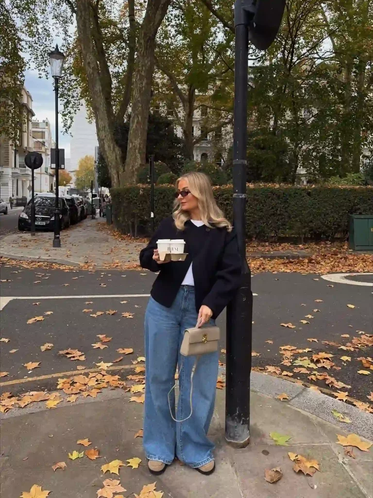 Cropped Black Jacket with Light Barrel Jeans