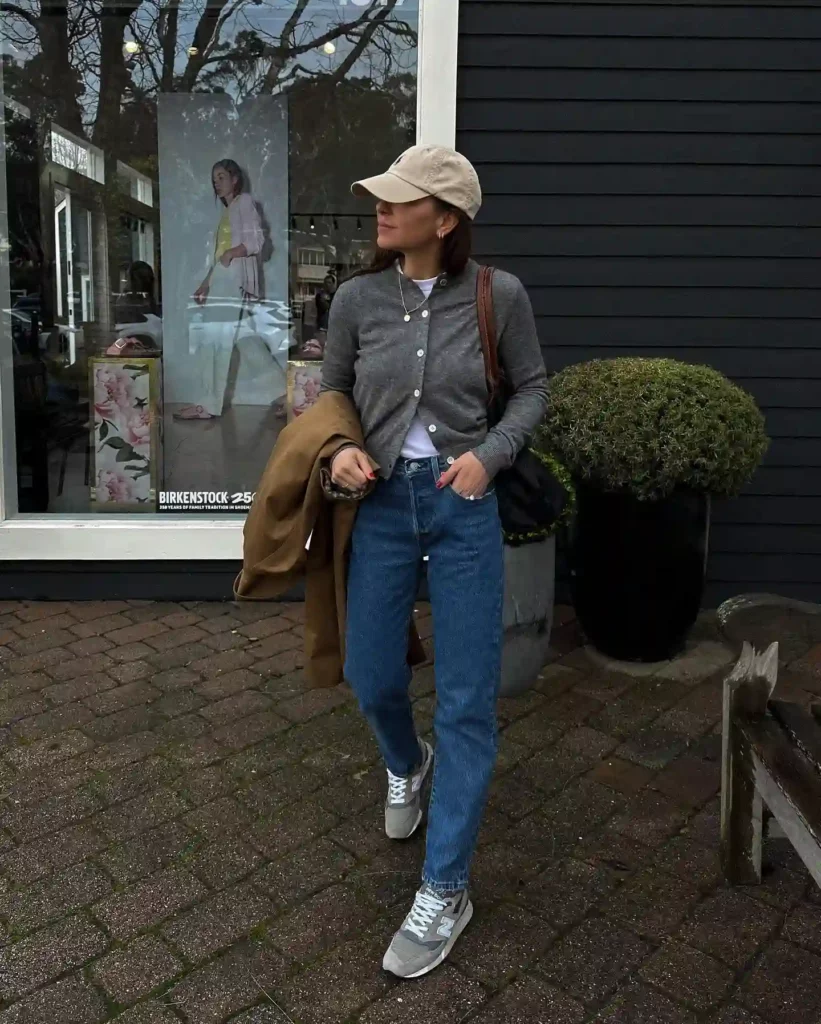 Gray Button-Up Cardigan with Straight-Leg Jeans Fall Outfit