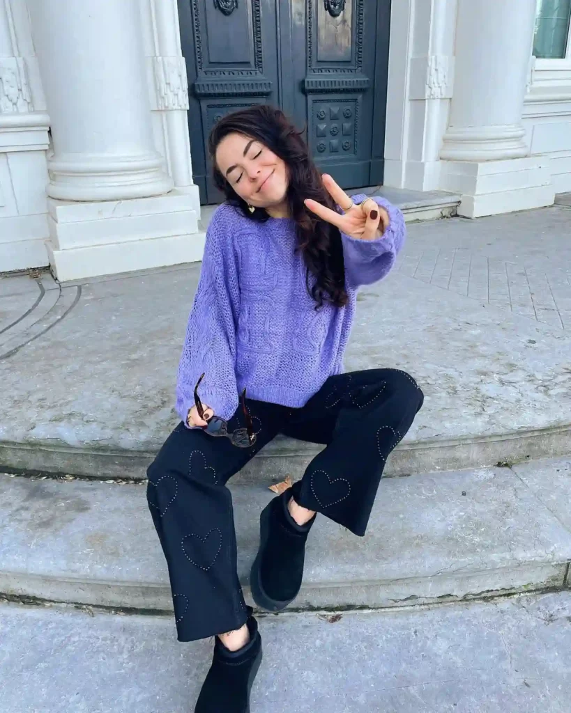 Purple Cable-Knit Sweater with Heart-Studded Black Flare Jeans Fall Outfit