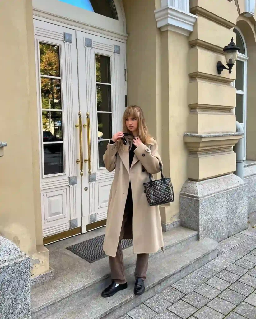 Beige Wool Coat with Brown Jeans Dressy Fall Outfit