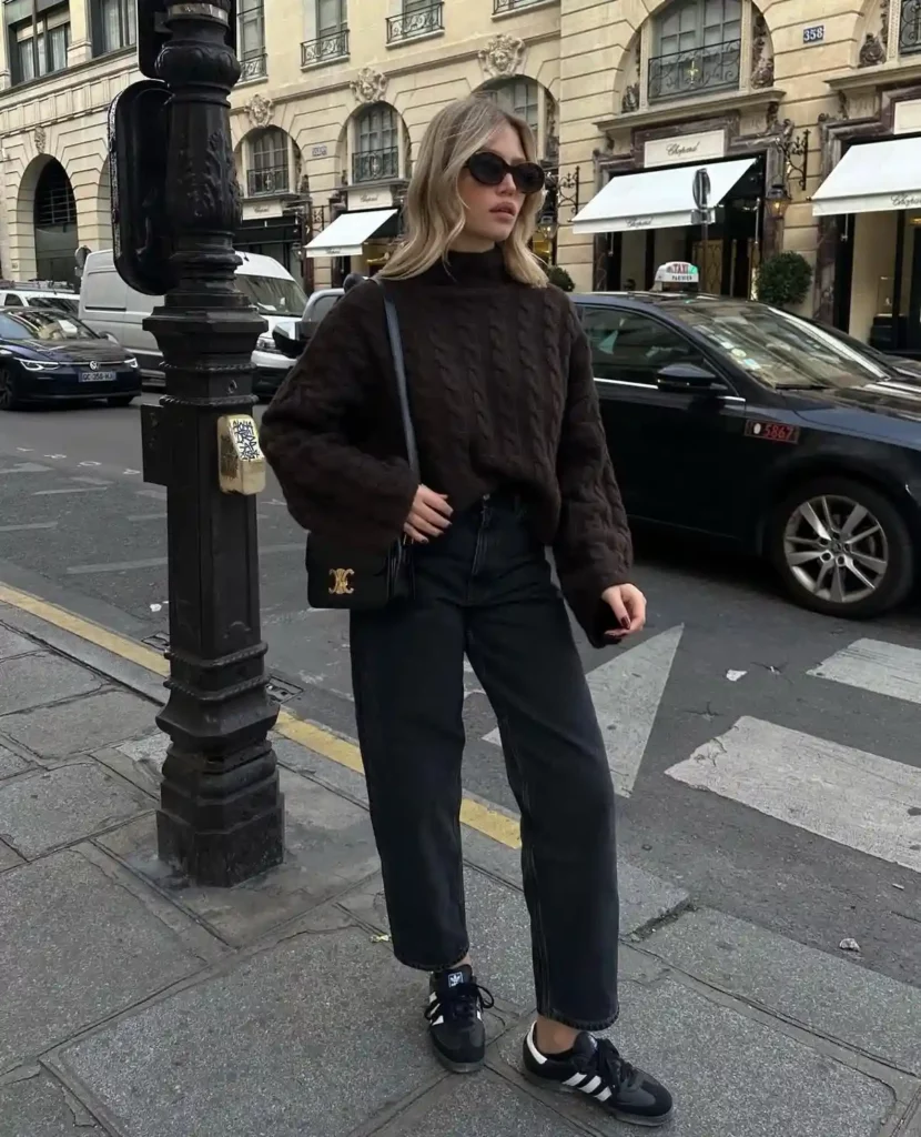 Dark Brown Sweater with Jeans and Samba Work Outfit